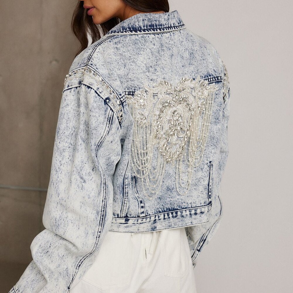 12th Tribe Chevall Rhinestone Embellished Denim Jacket Size LL